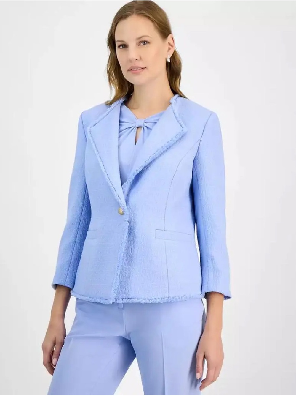KASPER SIZE 14 Tweed One Button Fringe Blazer blue